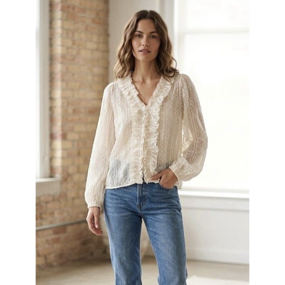 Moon River Woman's Cream Sheer V-Neck Ruffle Long Sleeve Blouse Size Small